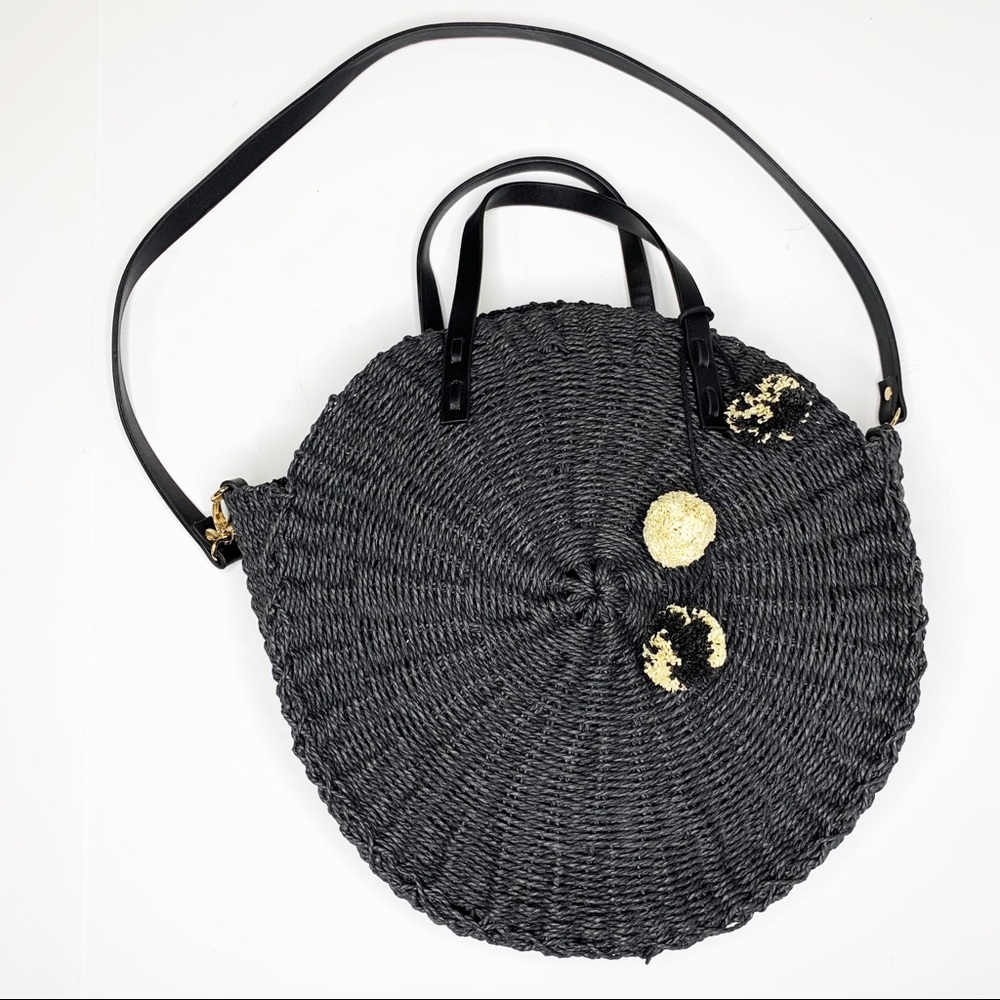 ZARA Black Round Braided Basket Handbag Pom Poms